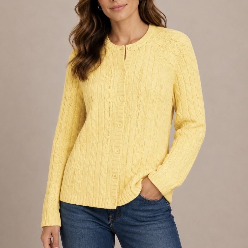 LL Bean Butter Yellow Cable Knit Cotton Button Up Cardigan Sweater Size SMALL